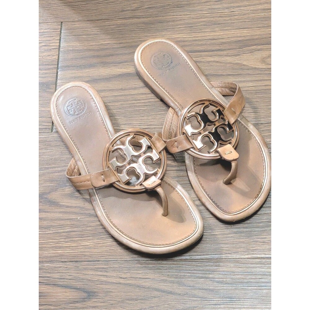 Tory Burch Brown Leather Miller Logo Women's Thong Sandals Size 7M